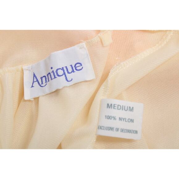 Vintage Annique Wide Sweep Nightgown M Yellow Nylon Pink Lace Criss Cross Straps - Picture 12 of 14
